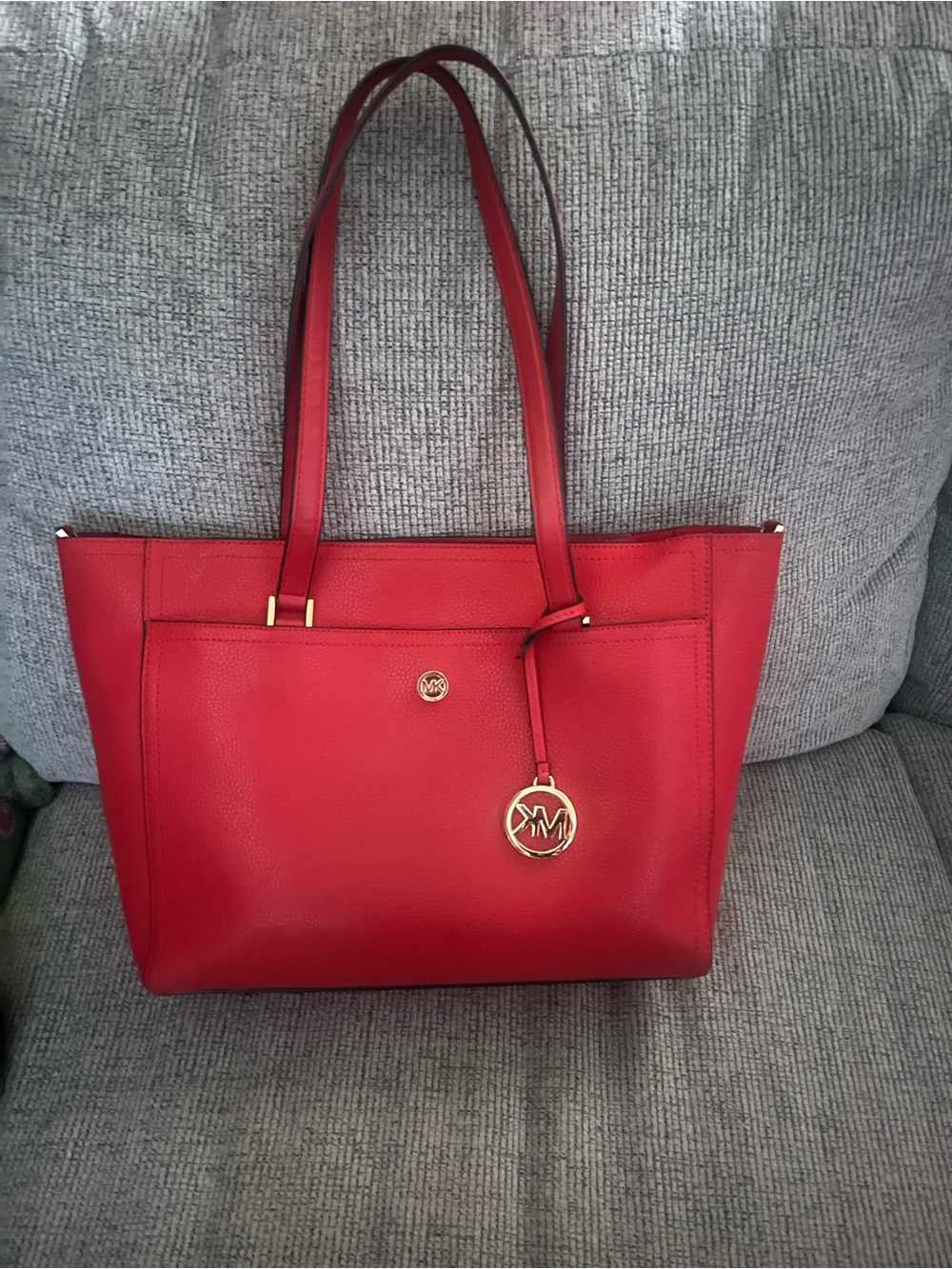 Michael Kors Red Pebbled Leather Tote with Gold Accent Charm